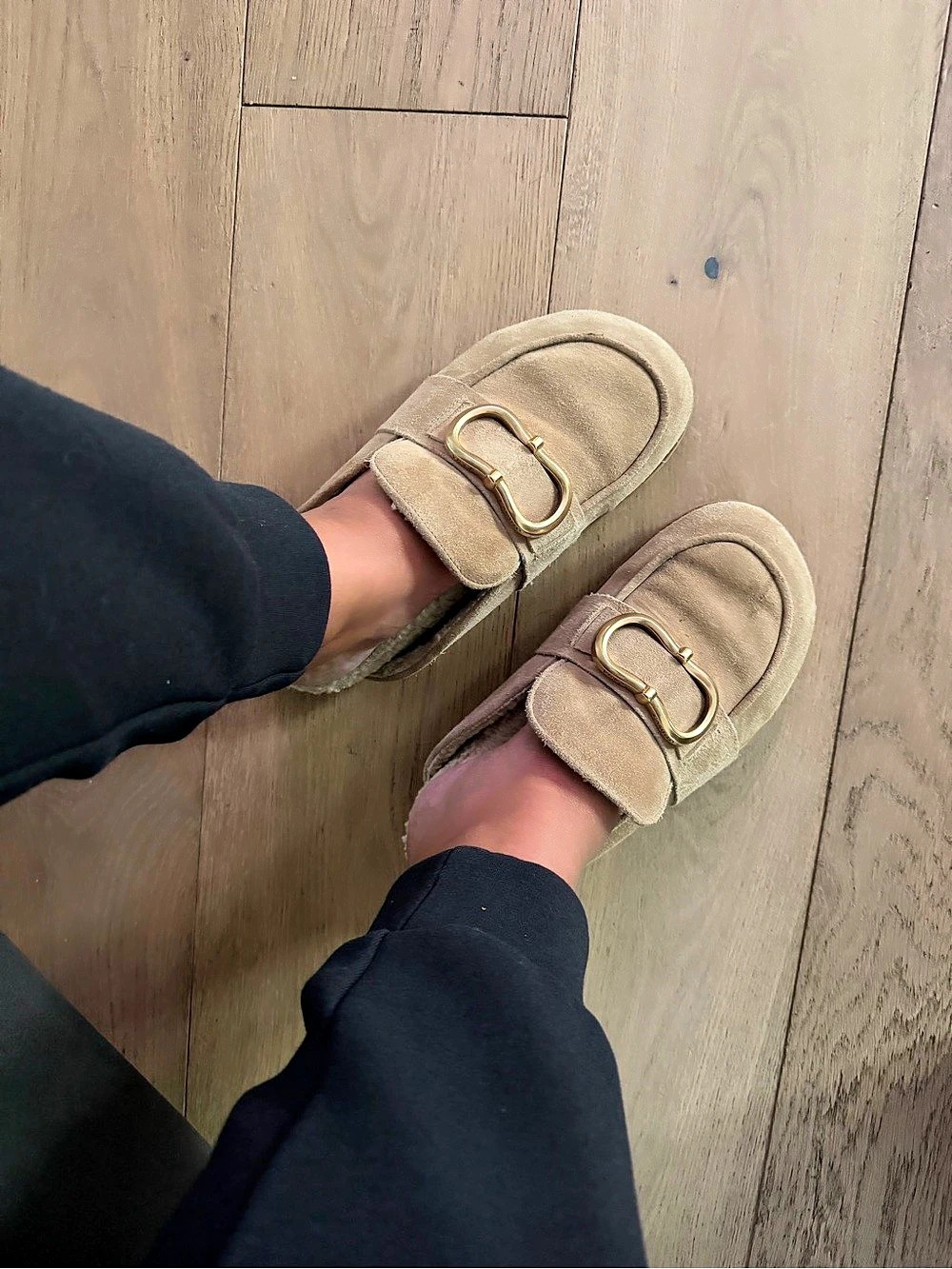Vince Camuto Beige Suede, Gold Buckle,
 Mules / Clog Faux Fur lined